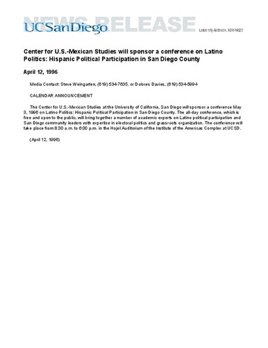 Center for U.S.-Mexican Studies will sponsor a conference on Latino Politics: Hispanic Political Participation in San Diego County