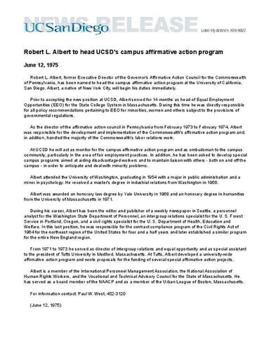 Robert L. Albert to head UCSD's campus affirmative action program