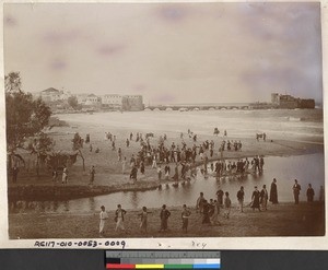 School children playing at the seashore, Syria, ca.1856-1910