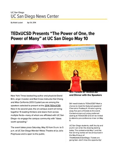 TEDxUCSD Presents “The Power of One, the Power of Many” at UC San Diego May 10