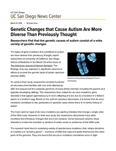 Genetic Changes that Cause Autism Are More Diverse Than Previously Thought