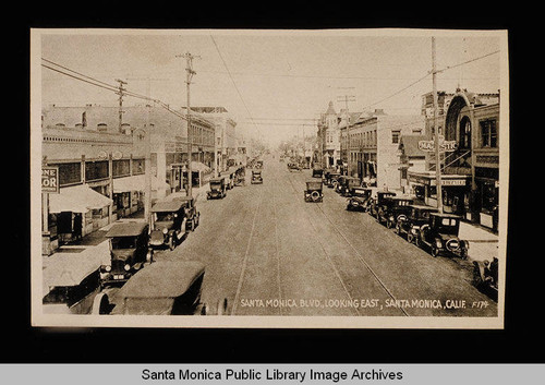 Santa Monica Blvd. looking east with Santa Monica Bank on the right at Third Street