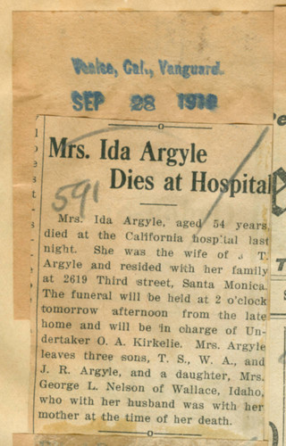 Mrs. Ida Argyle dies at hospital