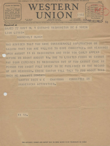 Telegram, Martin Dies to Leon Lewis, 1938