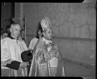 John Joseph Cantwell leaving the Cathedral of St. Vibiana after being appointed archbishop, Los Angeles, 1936