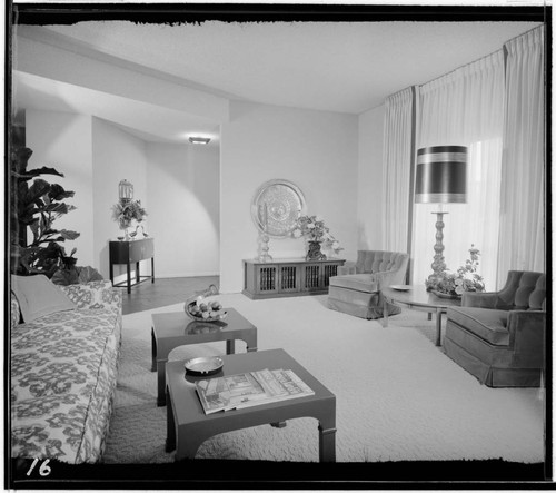 [Foothill] Riviera model [houses]. Continental model living room