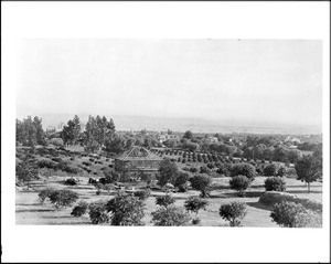 Panorama of Hollywood on Hollywood Boulevard and Cahuenga Drive looking southeast from an apricot orchard, ca.1891