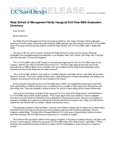 Rady School of Management Holds Inaugural Full-Time MBA Graduation Ceremony