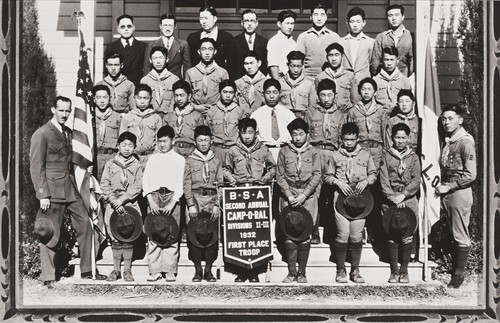 First place Boy Scouts of America Troop at 2nd Annual Camp-O-Ral : 1932 ; Eagle Scout Paul Kurokawa organized the troop ; pictured at San Luis Obispo Buddhist Church
