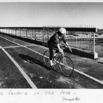Bicycle Bridge-View of an unidentified bicyclist crossing the new bridge in Goethe Park