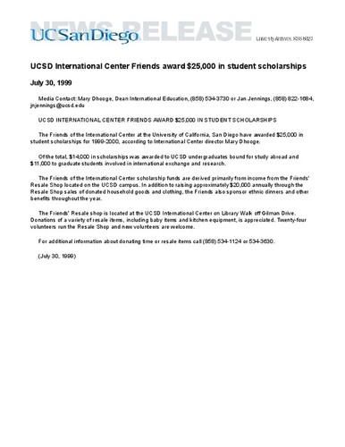 UCSD International Center Friends award $25,000 in student scholarships