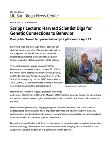 Scripps Lecture: Harvard Scientist Digs for Genetic Connections to Behavior