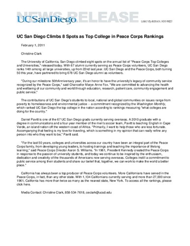 UC San Diego Climbs 8 Spots as Top College in Peace Corps Rankings