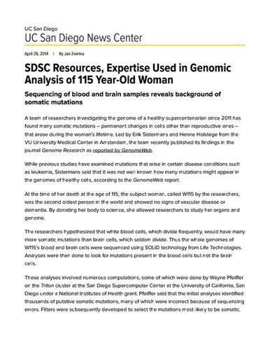 SDSC Resources, Expertise Used in Genomic Analysis of 115 Year-Old Woman