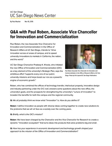 Q&A with Paul Roben, Associate Vice Chancellor for Innovation and Commercialization