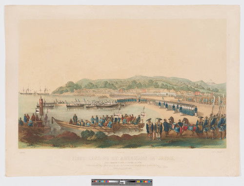 First landing of Americans in Japan, under Commodore M. C. Perry at Gore-Hama July 14th 1853