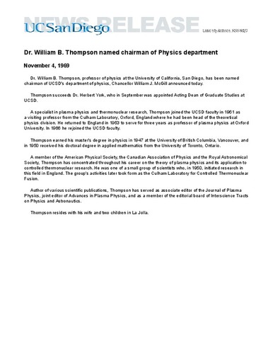 Dr. William B. Thompson named chairman of Physics department