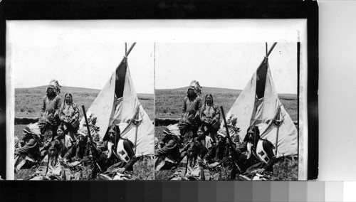 Group of Sioux Indians and their wigwams. Oklahoma