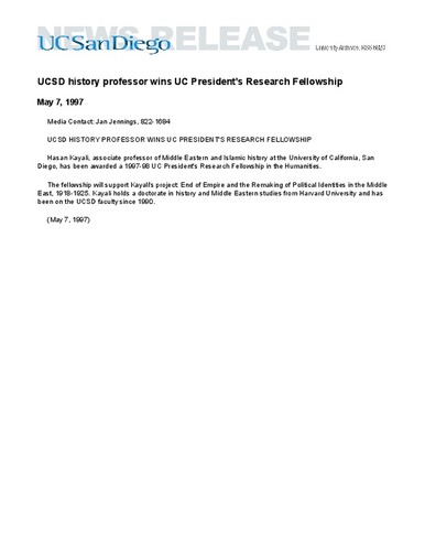 UCSD history professor wins UC President's Research Fellowship