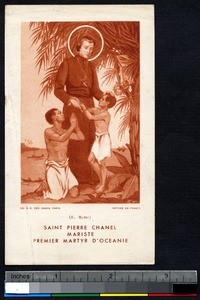 Drawing of Saint Pierre Chanel blessing indigenous young men, Oceania, ca.1900-1930