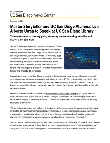 Master Storyteller and UC San Diego Alumnus Luis Alberto Urrea to Speak at UC San Diego Library