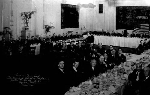 Annual banquet, the Harvard Club of Southern California, Hotel Biltmore, Los Angeles, second from the left hand table is the speaker Professor Y.S. Han