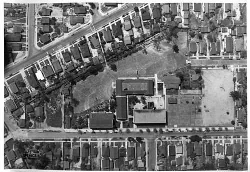 Aerial view of Malabar Street Elemantary School, Boyle Heights, California