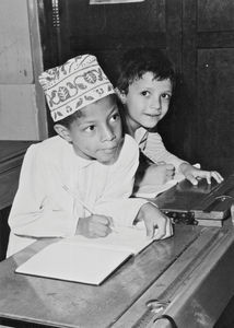Mission school. A boy from Oman and a boy from Jordan in the first form of the Muscat school1978