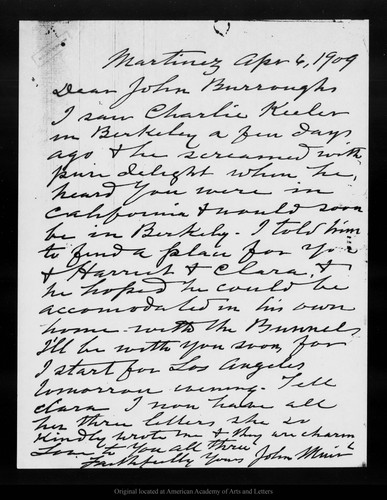 Letter from John Muir to John Burroughs, 1909 Apr 6
