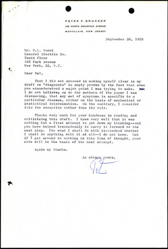 Correspondence from Peter F. Drucker to Melvin L. Hurni, 1959-09-20