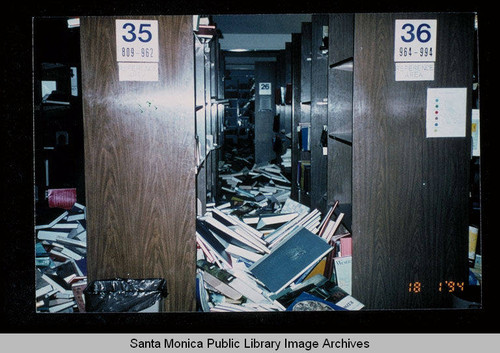 Northridge earthquake, Santa Monica Public Library, Main Library, first floor stacks, January 17, 1994