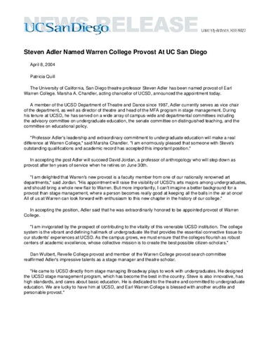 Steven Adler Named Warren College Provost At UC San Diego