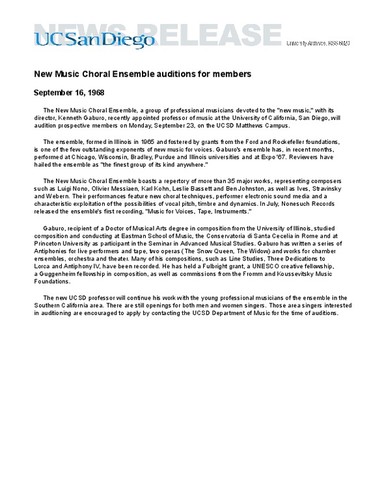 New Music Choral Ensemble auditions for members
