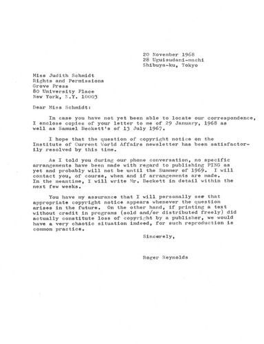 Ping: Correspondence: Letter from Roger Reynolds to Judith Schmidt
