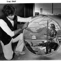 Michael Casey is holding the stained glass version of the great seal for California. It was in the California State Capitol building and was removed while the building is undergoing restoration