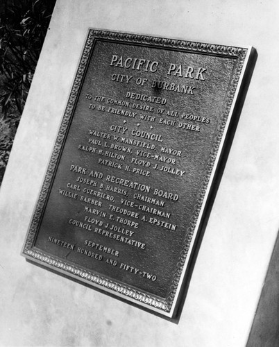1952 - Dedication Plaque at Pacific Park