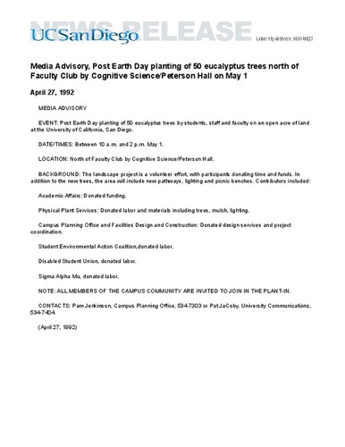 Media Advisory, Post Earth Day planting of 50 eucalyptus trees north of Faculty Club by Cognitive Science/Peterson Hall on May 1