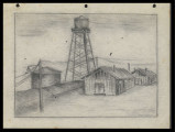 Pencil drawing of Poston water tower and barracks