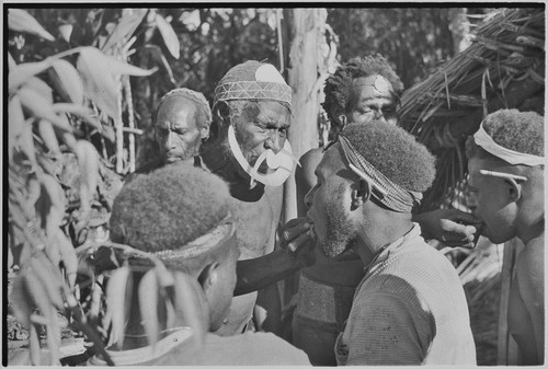 Returned laborers, purification ritual: man eats bespelled pork and yams, renouncing taboo