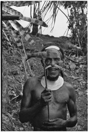 Bride price for Maima: man wearing shell valuables holds stone axe, which will be included in bride price exchange