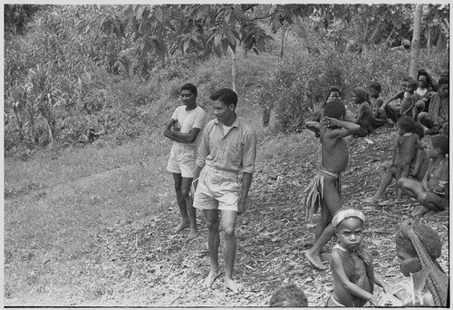 Church service in Kwiop: Solomon Islander Anglican mission workers with crowd of Kwiop people