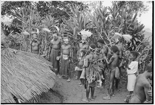 Pig festival, sacred stone house: decorated men and boys outside of house where fertility stones hang