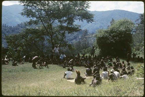 Meeting in Kwiop: local government councillor Mai Kopi in center, Ed Cook standing