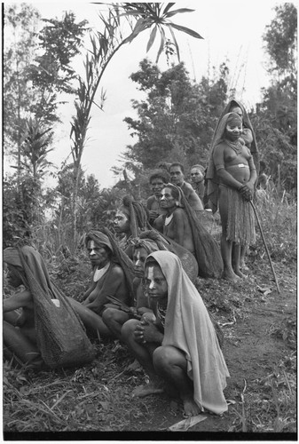 Bride price for Maima: women from Molo the groom's group, most with white powder on face, carry netbags with items for bride price