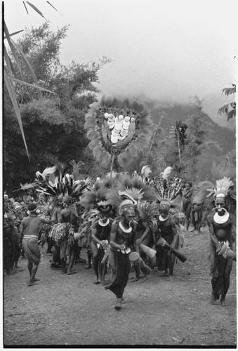 Bride price for Maima: Molo the groom's group dances with payment banner of feather and shell valuables for bride's clan