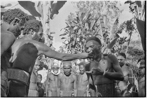 Returned laborers, purification ritual: man eats bespelled pork and yams, renouncing taboo