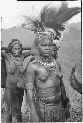 Bride price ritual: bride with feather headdress, woven belt and armbands, shell valuables, and painted face