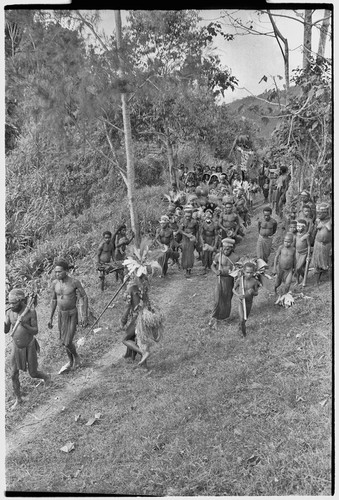 Bride price for Mitsi: payment banner of feather and shell valuables, carried by clan of husband, Tsapinde