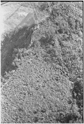 Trail and houses on mountain ridge, aerial view