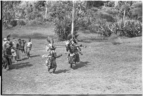 Bride price ritual: decorated men with spears charge in mock aggression, followed by others from groom's group who dance into bride's village